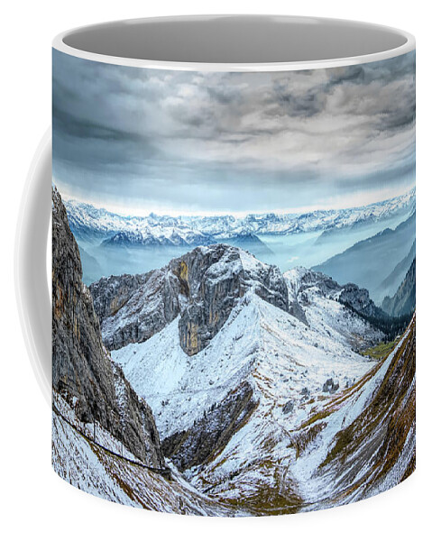 Mountains Coffee Mug featuring the photograph Stormy Mountains Panorama, Mount Pilatus, Switzerland by Rick Deacon