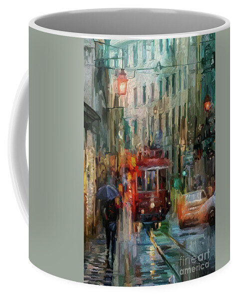Street Car In The Rain Coffee Mug featuring the painting Street car in the rain by Tim Gilliland