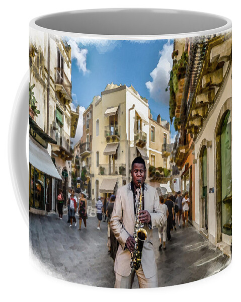 Street Music Coffee Mug featuring the digital art Street Music. Saxophone. by Alex Mir