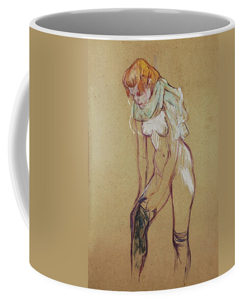 Henri De Toulouse-lautrec Coffee Mug featuring the drawing Study for andquot, Woman putting on her stockingandquot,, 1894 Essence on board, 61,5 x 44,5 cm. by Henri de Toulouse Lautrec -1864-1901-