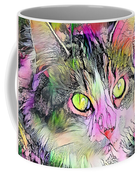Watercolor. Green Coffee Mug featuring the digital art Stunning Watercolor Cat Face Green Eyes by Don Northup