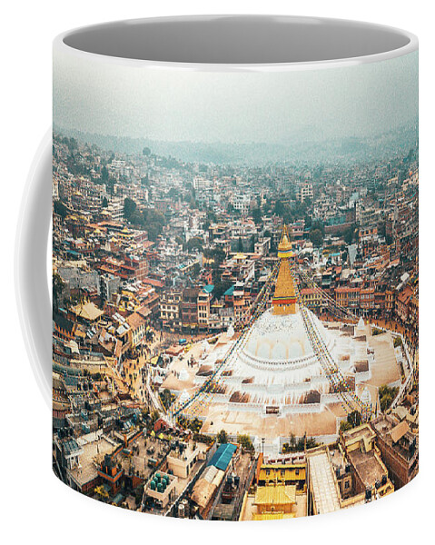 Buddhist Coffee Mug featuring the photograph Stupa temple Bodhnath Kathmandu, Nepal from air October 12 2018 by Raimond Klavins