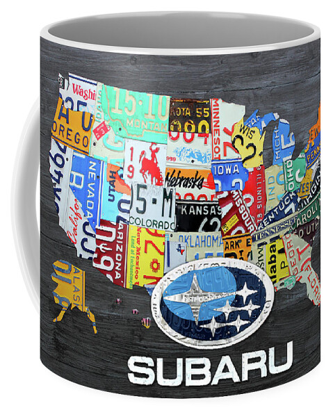 Subaru Coffee Mug featuring the mixed media Subaru Logo License Plate Map of the USA by Design Turnpike