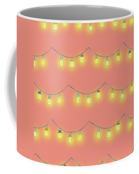 Pattern Coffee Mug featuring the digital art Summer Firefly Lantern Pattern Peach by Hugo Edwins