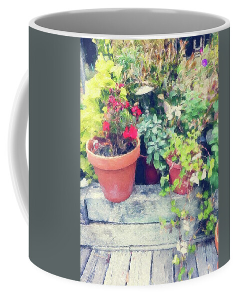 Oil Brush Photoshopped Image Coffee Mug featuring the digital art Summer on my deck by Steve Glines