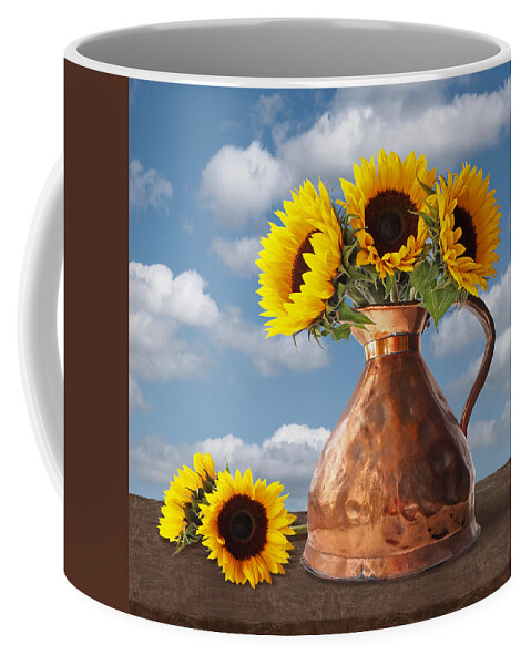 Sunflower Coffee Mug featuring the photograph Sunflowers In Antique Copper Pitcher Square by Gill Billington