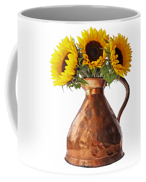 Sunflower Coffee Mug featuring the photograph Sunflowers In Copper Pitcher On White by Gill Billington