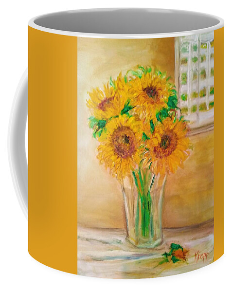 Sunflowers With Their Green Stems And Bright Colors In A Half Filled Water Vase. Hippiessunflowers Coffee Mug featuring the painting Sunflowers by Kathy Knopp