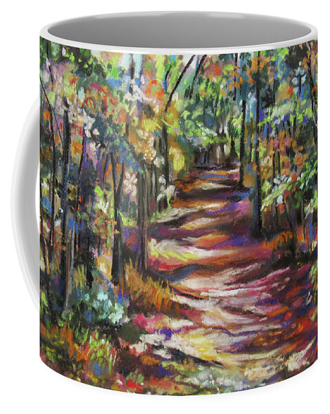 Forest Coffee Mug featuring the pastel Sunlit Forest Path by Jean Batzell Fitzgerald