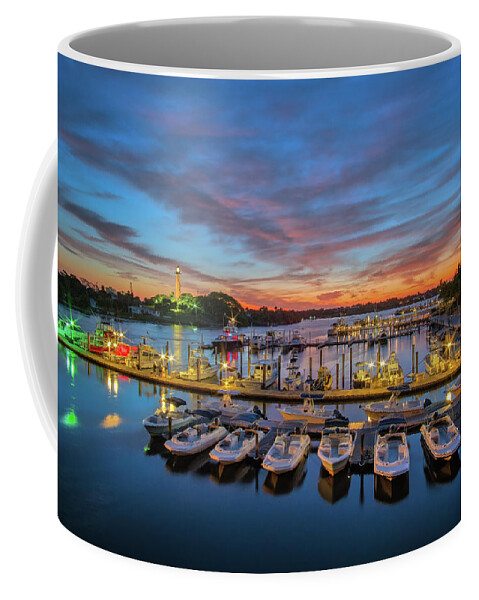 Jupiter Lighthouse Coffee Mug featuring the photograph Sunrise along Waterway at Jupiter Inlet Lighthouse Marina by Kim Seng