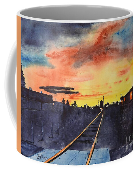 Sun Coffee Mug featuring the painting Sunrise on the Tracks by Tom Riggs