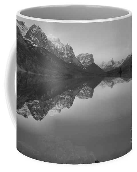 St Mary Coffee Mug featuring the photograph Sunrise Reflections Across St. Mary Lake Black And White by Adam Jewell