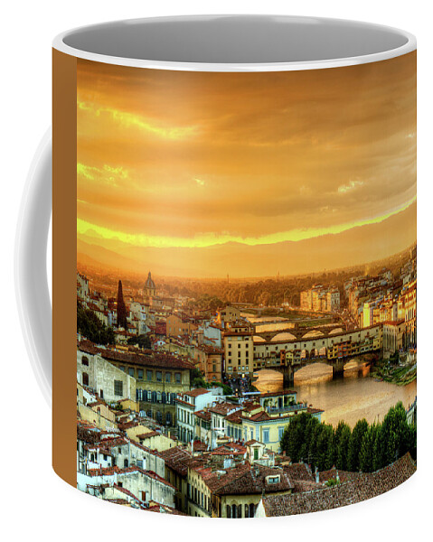 Florence Coffee Mug featuring the photograph Sunset in Florence Triptych 1 - Ponte Vecchio by Weston Westmoreland