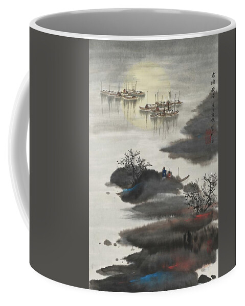 Chinese Watercolor Coffee Mug featuring the painting Moonrise on Taihu Lake by Jenny Sanders