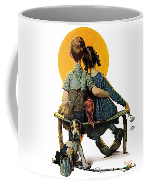 Benches Coffee Mug featuring the painting Sunset by Norman Rockwell