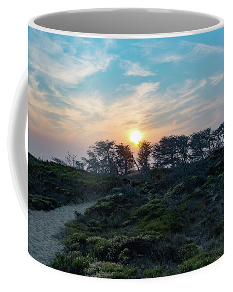 Dune Coffee Mug featuring the photograph Sunset Over Windwept Trees by Liz Albro