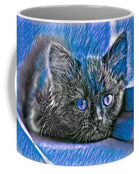 Blue Coffee Mug featuring the digital art Super Cool Black Cat Blue Eyes by Don Northup