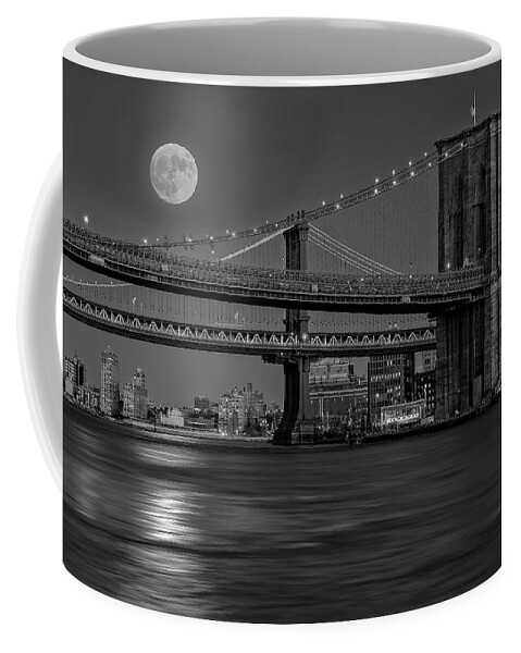 Nyc Skyline Coffee Mug featuring the photograph Super Moon Over Manhattan and Brooklyn Bridges NYC BW by Susan Candelario