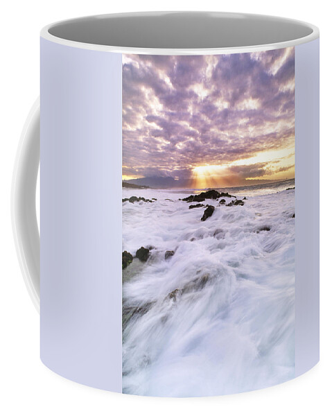 Coastal Feature Coffee Mug featuring the photograph Surf At Sunset, Hawaii by Mint Images
