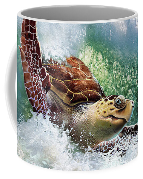 Sea Turtle Coffee Mug featuring the digital art Surf To The Turf by Jerry LoFaro