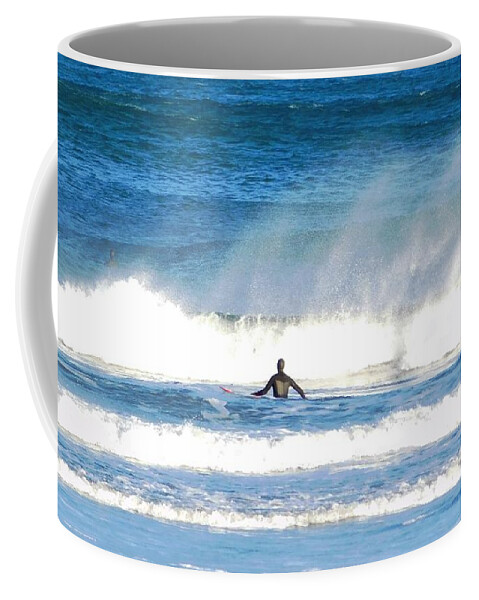 Sea Coffee Mug featuring the photograph - surfer and sea spray at York Beach ME by THERESA Nye
