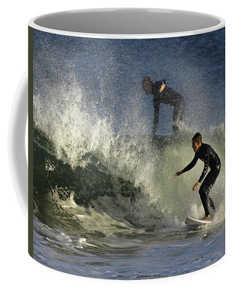 Monmounth Beach Coffee Mug featuring the photograph Surfers Race by M Three Photos