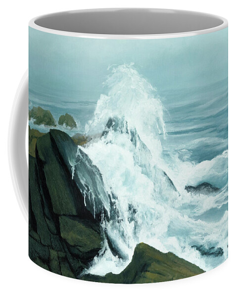 Seascape Coffee Mug featuring the painting Surging Waves Break on Rocks by Lynn Hansen