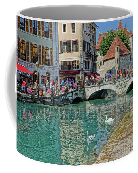 Canal Coffee Mug featuring the photograph Swans Swimming in Annecy by Patricia Caron