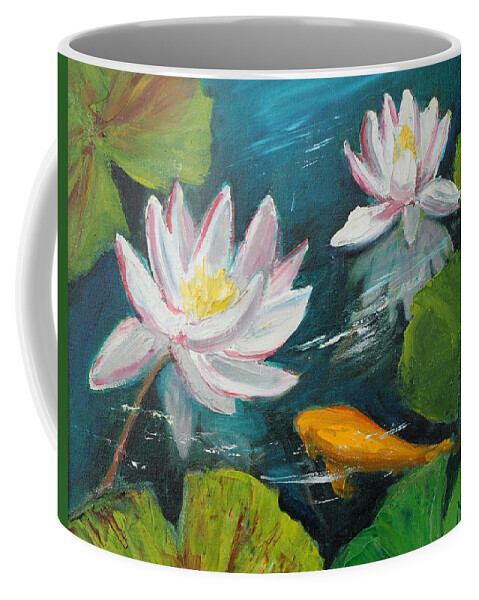 Water Lilies Coffee Mug featuring the painting Swimming between Lilies by Marian Berg