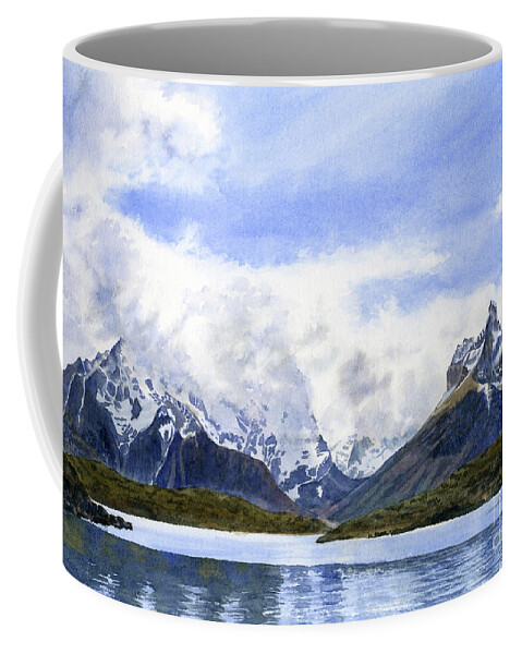 Patagonia Coffee Mug featuring the painting Swirling Clouds over Torres Del Paine Chile by Sharon Freeman