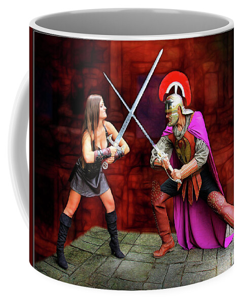 Xena Coffee Mug featuring the photograph Sword Fight Xena vs Roman by Jon Volden