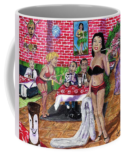 Tiki Bob's San Francisco Tonga Hut California Happy Hour 1950's Torrid Turare Coffee Mug featuring the painting Tempests At A Tiki by Jonathan Morrill
