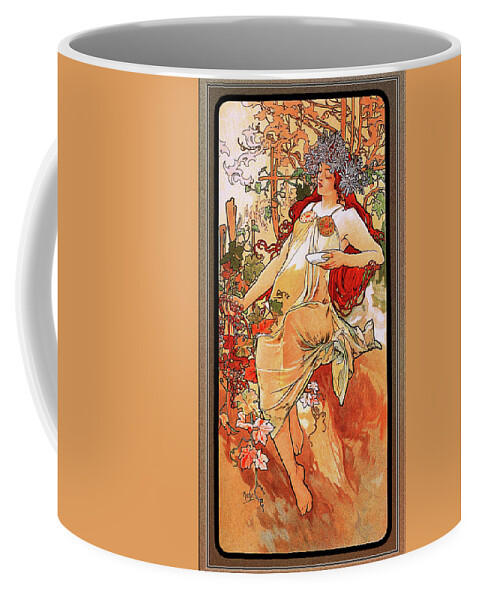 The Autumn Coffee Mug featuring the painting The Autumn by Alphonse Mucha by Rolando Burbon