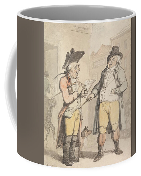 19th Century Art Coffee Mug featuring the drawing The Bookmaker and his Client outside the Ram Inn, Newmarket by Thomas Rowlandson