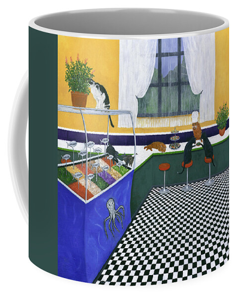 Karen Zuk Rosenblatt Coffee Mug featuring the painting The Cat Cafe by Karen Zuk Rosenblatt