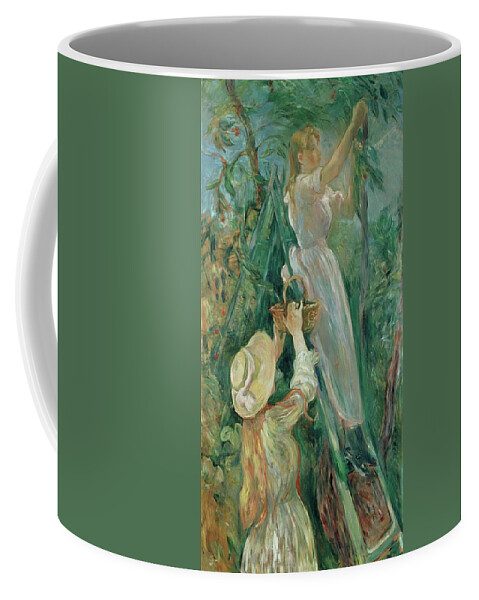 Berthe Morisot Coffee Mug featuring the painting The cherry-pickers. Canvas. by Berthe Morisot -1841-1895-