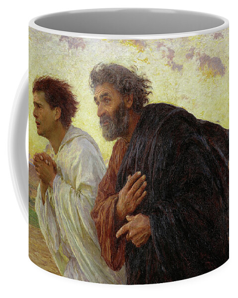 Eugene Burnand Coffee Mug featuring the painting The Disciples Peter and John running to the tomb on the morning of the Resurrection, 1898 by Eugene Burnand