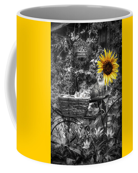 Barns Coffee Mug featuring the photograph The Garden Barn in Black and White with Yellow Sunflower by Debra and Dave Vanderlaan