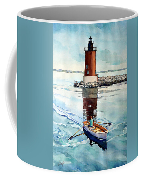 #watercolor #watercolorpainting #delaware #delawarebay #ral #capehenlopen #lighthouse #art #artistsoninstagram #boat #landscape #painting #rowing #rehobothbeach #water Coffee Mug featuring the painting The Lighthouse Keeper by Mick Williams