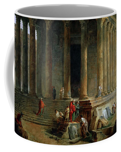 Maison Carée Coffee Mug featuring the digital art The Maison Caree the Arenas and the Magne Tower in Nimes by Hubert Robert by Rolando Burbon