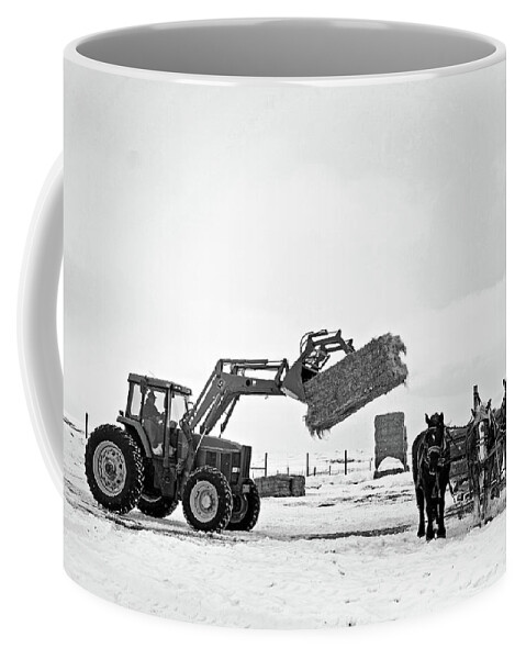 Ranch Coffee Mug featuring the photograph The new with the old Ranching in Wyoming tracktos with team of horses by Julieta Belmont