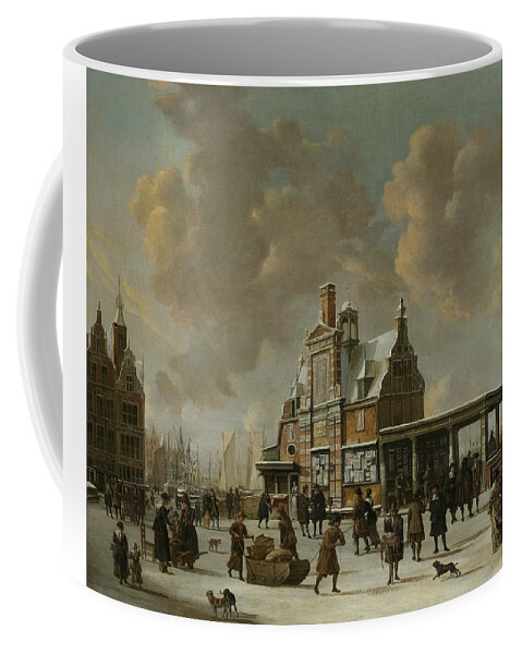 17th Century Art Coffee Mug featuring the painting The Paalhuis and the Nieuwe Brug in Amsterdam during Wintertime by Jan Abrahamsz Beerstraaten