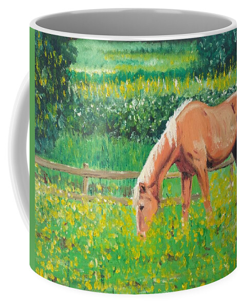Buttercups Coffee Mug featuring the painting The Palomino and Buttercup Meadow by Abbie Shores