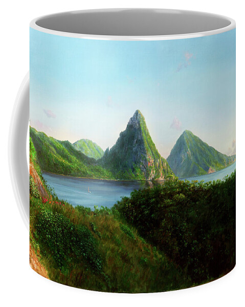Pitons Coffee Mug featuring the painting The Pitons by Jonathan Gladding