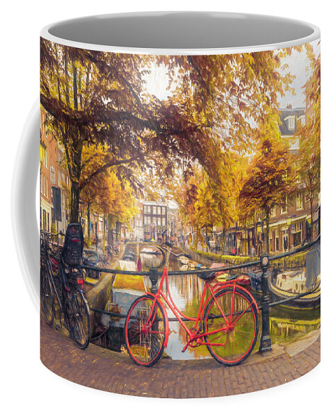 Boats Coffee Mug featuring the photograph The Red Bike in Amsterdam in Autumn by Debra and Dave Vanderlaan