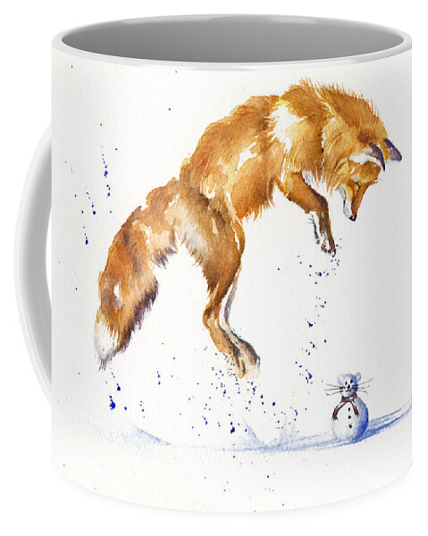 Fox Coffee Mug featuring the painting Leaping Fox - The Snowmouse by Debra Hall