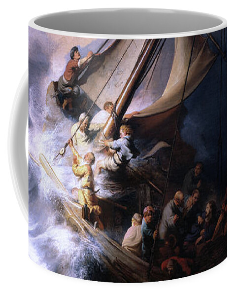 The Storm On The Sea Of Galilee Coffee Mug featuring the digital art The Storm on the Sea of Galilee by Rembrandt van Rijn by Rolando Burbon