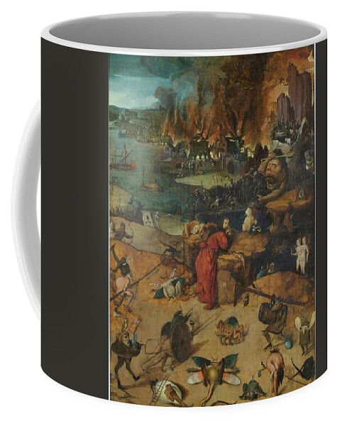 Hieronymus Bosch Coffee Mug featuring the painting 'The Temptations of Saint Anthony'. 1550 - 1560. Oil on oak panel. by Hieronymus Bosch -c 1450-1516-