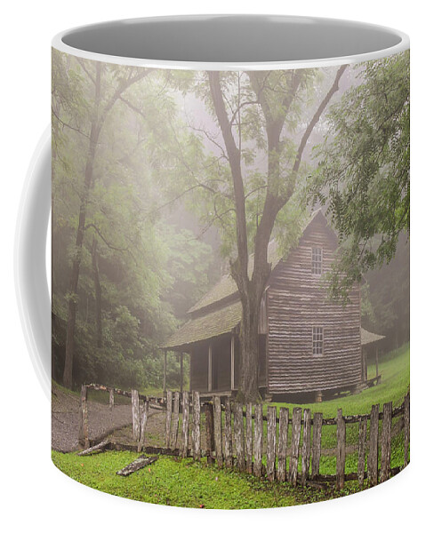 Cades Cove Coffee Mug featuring the photograph The Tipton Place on a Foggy Morning by Marcy Wielfaert