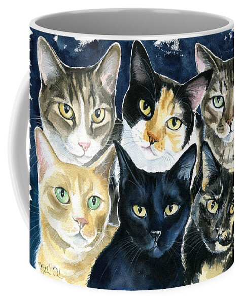 Pet Portrait Coffee Mug featuring the painting The Tuna Can Gang by Dora Hathazi Mendes